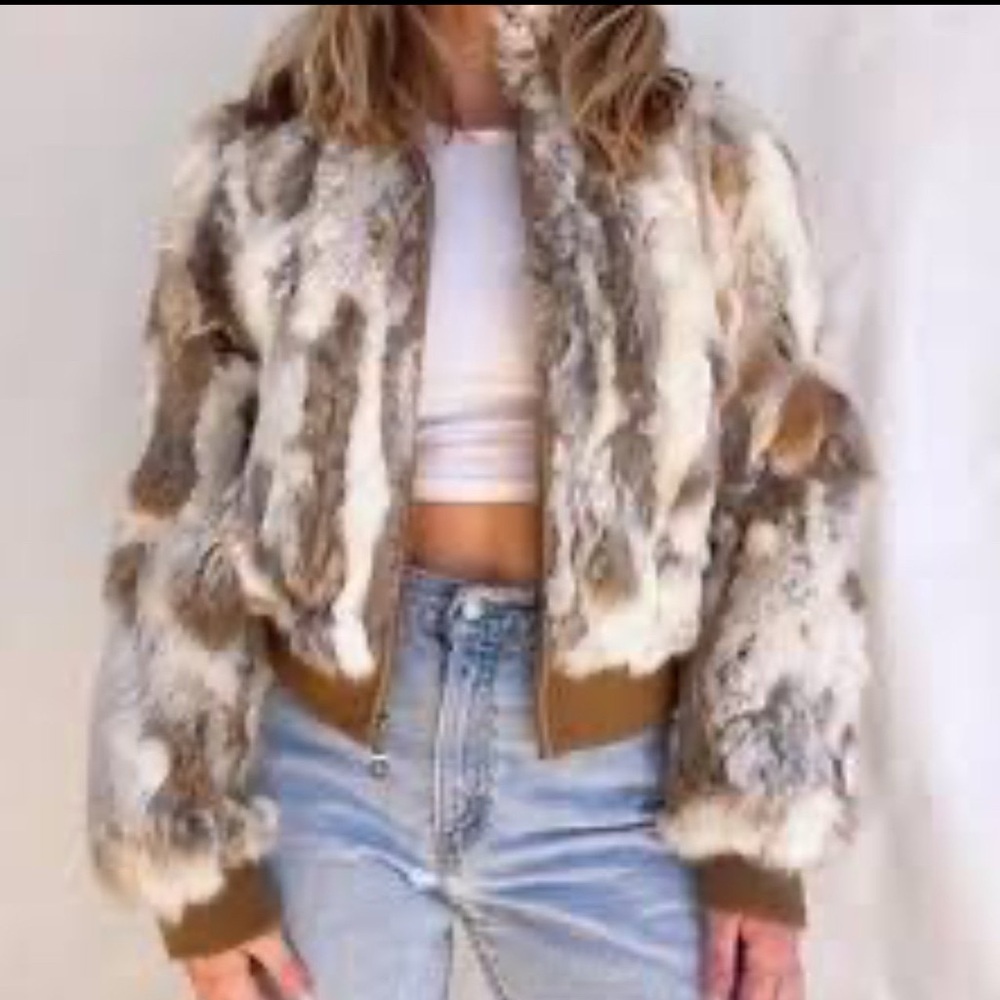 Real Rabbit Fur Bomber Jacquet Sz L, runs smaller, by Charlotte Russe